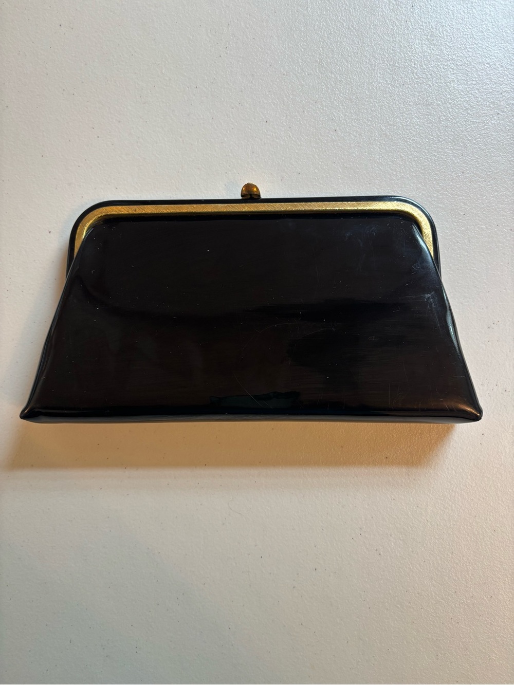 Bobbie Jerome Classic Black Patent Frame Clutch with Gold Accent